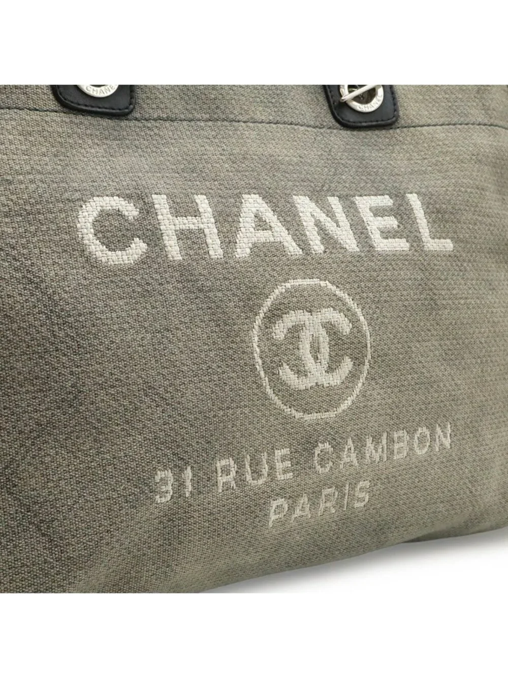 Chanel Deauville Tote GM Logo 2-Way Chain Shoulder Bag Canvas Leather Gray Black